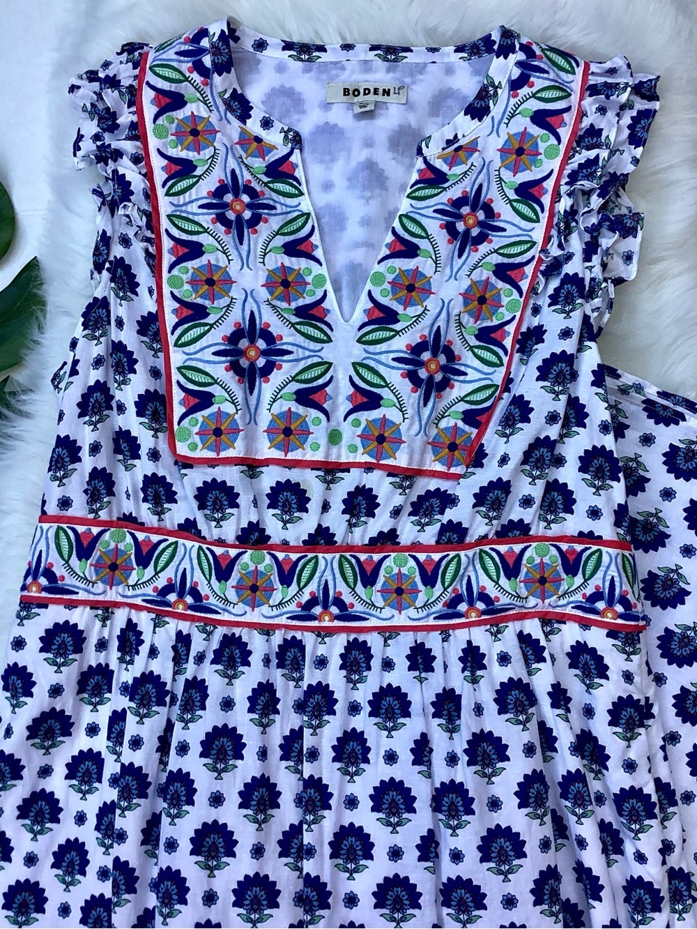 Boden Linen Cotton Frill Embroidered Midi Dress w/ POCKETS Blue & White 12 - Picture 5 of 10